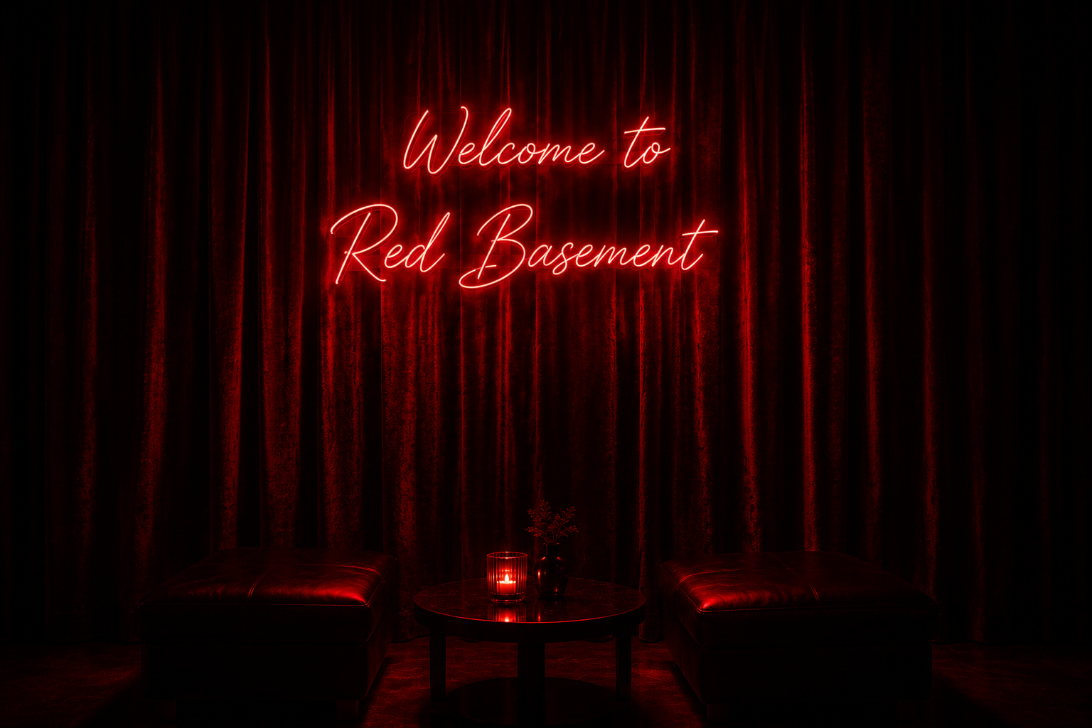 Red velvet lounge with a glowing Welcome to Red Basement sign